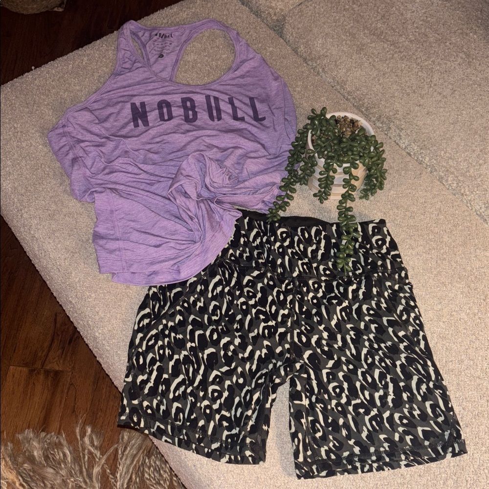Sweaty Betty Black Patterned Shorts and NOBULL Lavender Tank